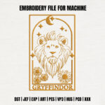 Golden Lion Wizard House Embroidery Design, Magic School Lion Machine Pattern, Bravery Lion Tarot Card File, Fantasy Creature Gold Emblem