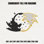 Yin Yang Dragon Embroidery Design, Moon and Stars Fantasy Pattern, Celestial Mythical Creature Embroidery File, Black Gold Fantasy Art