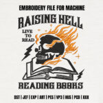 Raising Hell Skull Book Embroidery Design, Flaming Reader Machine Pattern, Gothic Literary Embroidery File for Jacket, Edgy Bookish Decor