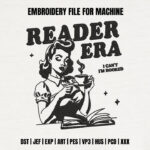 Retro Reader Era Embroidery Design, Vintage Woman Reading Machine Pattern, Coffee and Books Embroidery File for Hoodie, Book Lover Decor Art