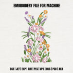 Wildflower Bunny Embroidery Design, Floral Rabbit Machine Embroidery Pattern, Spring Garden Embroidery File for Pillow, Pastel Flowers Art