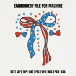 Patriotic Bow Embroidery Design, USA Flag Ribbon Machine Embroidery Pattern, Red White Blue Stars Embroidery File for Shirts, Coquette Art
