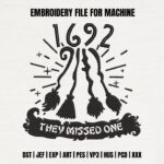 1692 Witch Trial Machine Embroidery Design, Vintage Broomstick Scroll Pattern, Spooky Magic Embroidery File for Halloween Apparel Decor