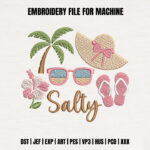 Summer Beach Essentials Embroidery Design, Salty Text Machine Embroidery Pattern, Tropical Island Embroidery File for Beach Bag, Sundress