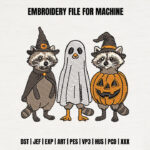 Halloween Raccoon Trio Embroidery Design, Spooky Ghost and Pumpkin Raccoon Machine Embroidery Pattern, Autumn Forest Animal Embroidery File