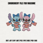 Patriotic Alien Couple Embroidery Design, USA Flag Machine Embroidery Pattern, 4th of July Blue and Pink Creature File for Summer Gear