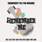 Floral Acoustic Guitar with Skull Pattern Embroidery Design, Mexican Folklore Inspired Style, Remember Me Quote File for Apparel and Decor