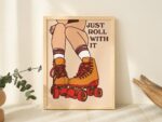 Retro 80s Wall Print, Groovy 70s Wall Decor, A2 A3 A4 Roller Skates Illustration, Trendy Poster Print, Red Artwork, Positive Quote, UNFRAMED