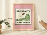 Frog and Butterfly Wall Print, Cute Pink Wall Art , A3 A4 A2 House Warming, Retro Quote Prints, 50s 60s 70s Posters, Wholesome Art, UNFRAMED