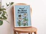 Cute Flowers Poster Print, Vintage Blue Illustration, Bee and Plants Positivity Prints, Be kind Wall decor, Retro 80s Aesthetic, UNFRAMED - Image 2