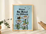 Cute Flowers Poster Print, Vintage Blue Illustration, Bee and Plants Positivity Prints, Be kind Wall decor, Retro 80s Aesthetic, UNFRAMED