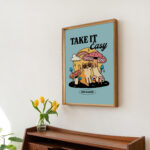 Colorful Cat Mushroom Print, Take it Easy Quote Poster, Blue Retro Groovy Art, Trendy Y2K Poster Prints, Preppy Dorm Room Decor, UNFRAMED - Image 3