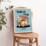 Colorful Cat Mushroom Print, Take it Easy Quote Poster, Blue Retro Groovy Art, Trendy Y2K Poster Prints, Preppy Dorm Room Decor, UNFRAMED - Image 2