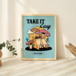 Colorful Cat Mushroom Print, Take it Easy Quote Poster, Blue Retro Groovy Art, Trendy Y2K Poster Prints, Preppy Dorm Room Decor, UNFRAMED