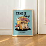 Colorful Cat Mushroom Print, Take it Easy Quote Poster, Blue Retro Groovy Art, Trendy Y2K Poster Prints, Preppy Dorm Room Decor, UNFRAMED - Image 4