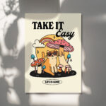 Chill Cat Mushroom Print, Take it Easy Quote Poster, Neutral Retro Groovy Art, Trendy Y2K Poster Prints, Preppy Dorm Room Decor, UNFRAMED - Image 3