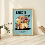 Chill Cat Mushroom Print, Take it Easy Quote Poster, Neutral Retro Groovy Art, Trendy Y2K Poster Prints, Preppy Dorm Room Decor, UNFRAMED - Image 6