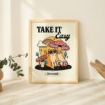 Chill Cat Mushroom Print, Take it Easy Quote Poster, Neutral Retro Groovy Art, Trendy Y2K Poster Prints, Preppy Dorm Room Decor, UNFRAMED