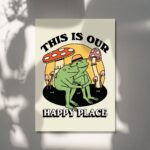 Retro Frog Wall Decor, Romantic Mushroom Print, Happy Place Quote, Cozy Home Prints, 70s Poster Gift, House warming, Orange Green UNFRAMED - Image 4