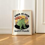Retro Frog Wall Decor, Romantic Mushroom Print, Happy Place Quote, Cozy Home Prints, 70s Poster Gift, House warming, Orange Green UNFRAMED