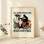 Retro WildFlower Cat Poster, Botanical Print, Wild Child Quote, Flower poster, Wild and Free Quote art, Colorful Large Poster, UNFRAMED