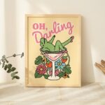 Retro Pinup Frog Wall Print, Oh Darling Quote, Vintage Style Burlesque Poster, Pink Cocktail Illustration, Trendy Wall Decor, UNFRAMED