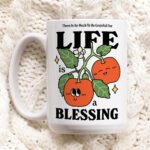 Cottagecore Christian Mug, Life is a Blessing Gratitude Coffee Mug, Positive Quote, Retro Ceramic Cup, Cute Novelty Gift, Fruit Illustration