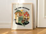 Festive Frog Mushroom Print, Retro Holiday Decor, Tis the Season, 70s Xmas Wall Decor, Groovy Christmas Poster, Seasonal Decor, UNFRAMED