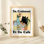 French Cafe Croissant Cat Print, Retro Drink Poster, Bistro Coffee Posters, Un Cafe Sil Vous Plait, Kitchen Decor, Unique Posters, UNFRAMED