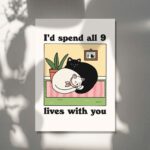 Retro Cat Wall Decor, Romantic Cats Print, I'd Spend All 9 Lives with you Quote, Cozy Home Prints, Poster Gift, Anniversary Gifts, UNFRAMED - Image 6
