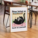 Colorful Cat Print, Stop Being So Hard On Yourself Quote, Black Cat Print, Retro Cat Poster, Bistro Coffee Posters, Eclectic Art, UNFRAMED - Image 4