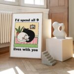 Retro Cat Wall Decor, Romantic Cats Print, I'd Spend All 9 Lives with you Quote, Cozy Home Prints, Poster Gift, Anniversary Gifts, UNFRAMED - Image 3
