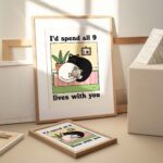Retro Cat Wall Decor, Romantic Cats Print, I'd Spend All 9 Lives with you Quote, Cozy Home Prints, Poster Gift, Anniversary Gifts, UNFRAMED - Image 5