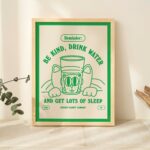 Retro Cat Water Print, Be Kind Drink Water Quote, Self Care Poster, Affirmation Prints, Vintage Style 70s Posters, Burnt Orange, UNFRAMED