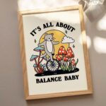 Balance Cat Print, Its all about Balance Baby Quote Poster, Retro Unicycle Cat Posters, Cottagecore Mushroom Farmhouse Prints, UNFRAMED - Image 3