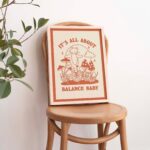 Balance Cat Print, Its all about Balance Baby Quote Poster, Retro Unicycle Cat Poster, Cottagecore Orange Mushroom Farmhouse Print, UNFRAMED - Image 2