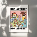 Colorful Cafe Dog Print, Retro Food Poster, Pink Bistro Cake Posters, Bon Appetit French Prints, Kitchen Decor Posters, Bar Prints, UNFRAMED - Image 3