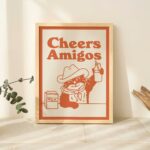 Cowboy Cat Print, Retro Drink Poster, Cowboy Cat Milk Posters, Cheers amigos Quote Prints, Kitchen Decor, Bar Decor Poster, UNFRAMED