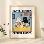 Pasta Dishes French Kisses Cat Print, Romantic Diner Poster, Bistro Dining Pasta Posters, Italian Kitchen Prints Decor, Unique Art, UNFRAMED