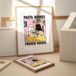 Pasta Dishes French Kisses Cat Print, Romantic Diner Poster, Bistro Dining Pasta Posters, Italian Kitchen Prints Decor, Unique Art, UNFRAMED - Image 2