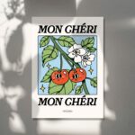Mon Cheri French Cherry poster, Botanical Print, Flower Market poster, Flowers print, Retro Art, Blue Large Poster Prints, UNFRAMED - Image 6