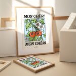 Mon Cheri French Cherry poster, Botanical Print, Flower Market poster, Flowers print, Retro Art, Blue Large Poster Prints, UNFRAMED - Image 2