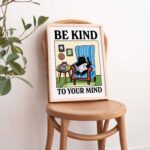 Be Kind Cat Print, Cute Blue Black Cat Poster Illustration, Be Kind To Your Mind Posters, Classroom Dorm Room University Decor, UNFRAMED - Image 2