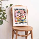 More Espresso Less Depresso White Cat Wall Print, Coffee Cat Poster, Kitchen Art, Handmade Cat Coffee Poster, Coffee Bar, Unique, UNFRAMED - Image 3