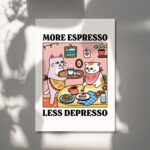 More Espresso Less Depresso White Cat Wall Print, Coffee Cat Poster, Kitchen Art, Handmade Cat Coffee Poster, Coffee Bar, Unique, UNFRAMED - Image 5