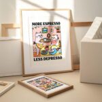 More Espresso Less Depresso White Cat Wall Print, Coffee Cat Poster, Kitchen Art, Handmade Cat Coffee Poster, Coffee Bar, Unique, UNFRAMED - Image 2