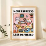 More Espresso Less Depresso White Cat Wall Print, Coffee Cat Poster, Kitchen Art, Handmade Cat Coffee Poster, Coffee Bar, Unique, UNFRAMED