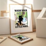 Wash your Paws Green Cat Print, Cute Bathroom Poster, Wash Room Childrens Washing up Posters, Kawaii Prints Decor, Unique Cats Art, UNFRAMED - Image 2