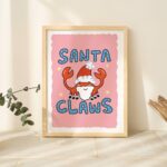 Santa Claws Christmas Crab Print, Funny Cute Pink Xmas decor, Childrens Nursery Festive Prints, Festive Pink Poster, Gallery wall Posters