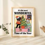 Wonderful Time Christmas Cat Print, Christmas Tree Prints, Festive Decorations, Colorful Xmas Decor, Cat lover Poster, Merry Jolly Poster